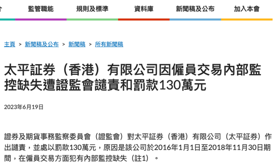 不知炒股禁令？7名员工炒股，太平证券被罚！负责人近300次违规交易，160次自我批准