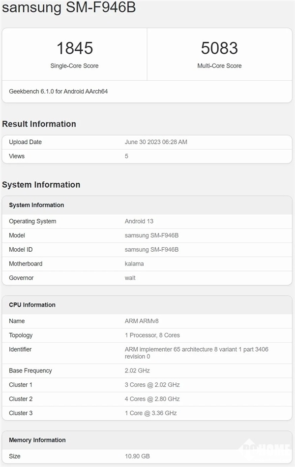 Galaxy Z Fold5现身Geekbench：单核跑分1845