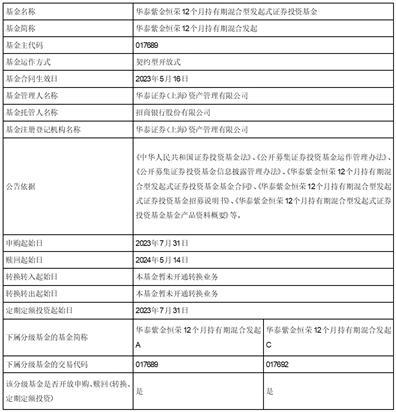 华泰紫金恒荣12个月持有期混合型发起式证券投资基金开放日常申购、赎回及定期定额投资业务的公告